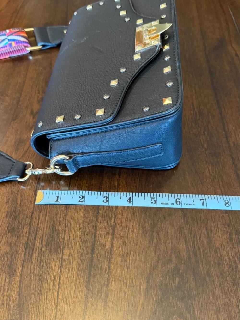 Black Leather Studded Boho Bag with Colorful Guitar Style Adjustable Strap